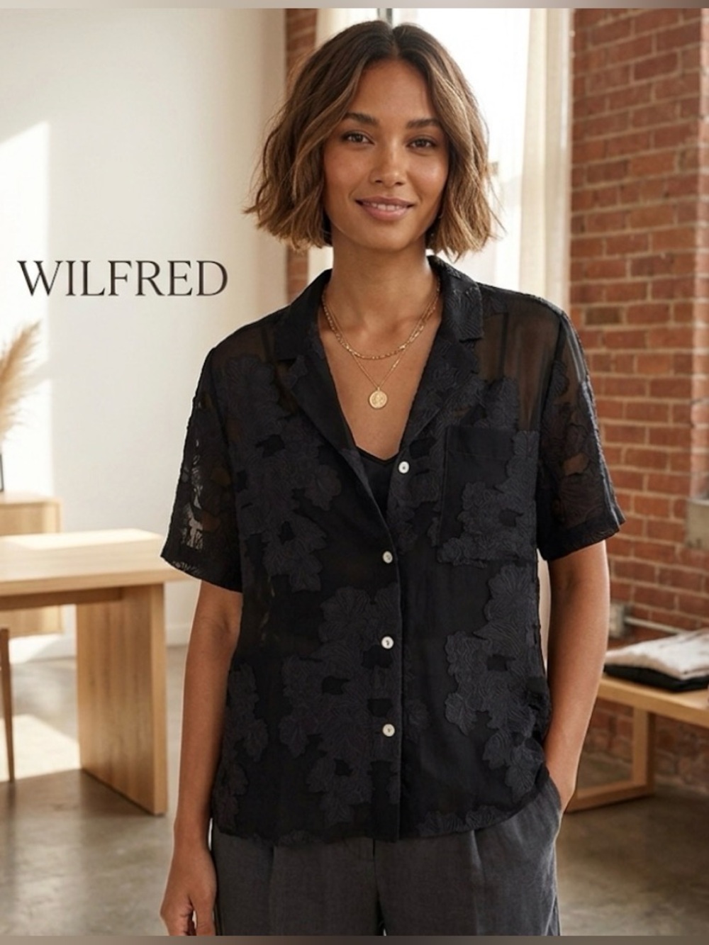 Wilfred Aritzia Atticus Button Down Shirt Black Floral AppliquΓ© Small